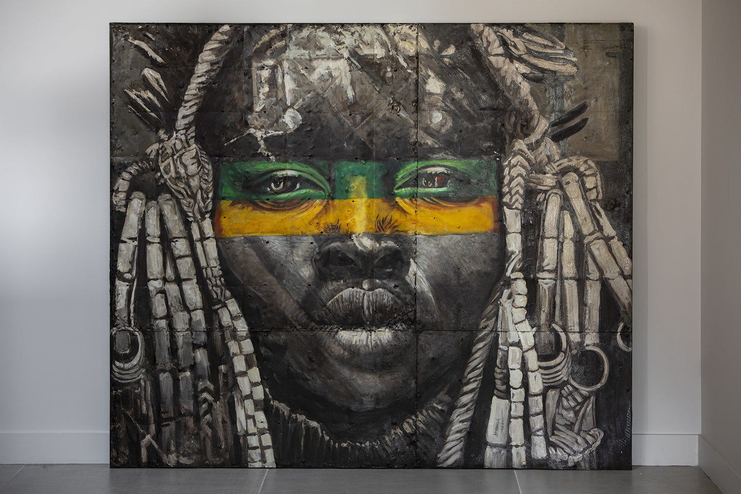 African Rasta - portrait visage africain traditionnel, peinture à l'huile sur métal rouillé