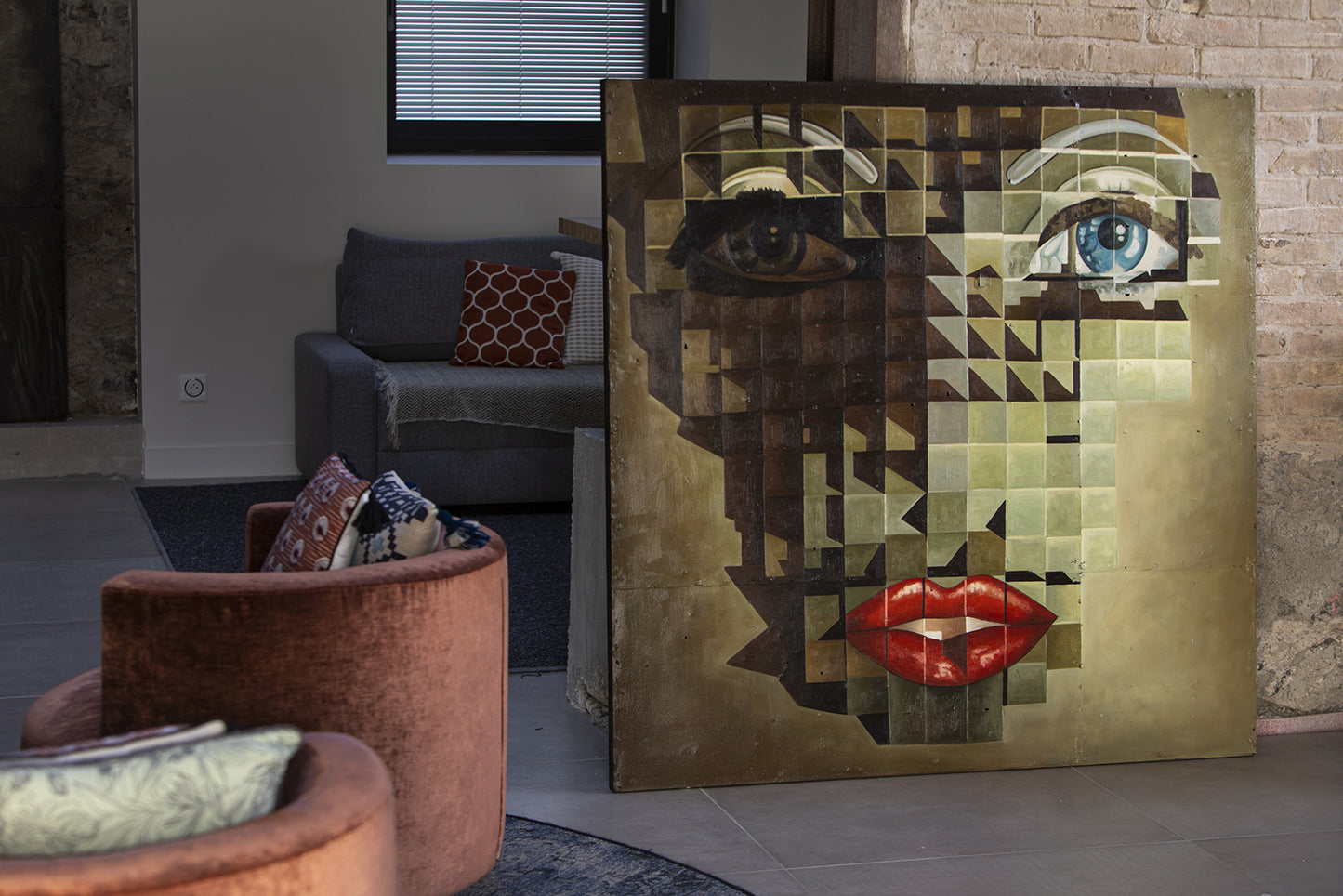 Blue Eyes - portrait abstrait en 3 dimensions, peinture à l'huile sur métal rouillé