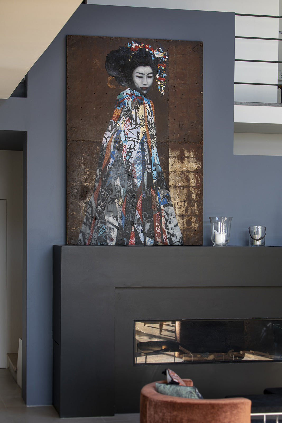 Geisha - peinture à l’huile sur métal rouillé