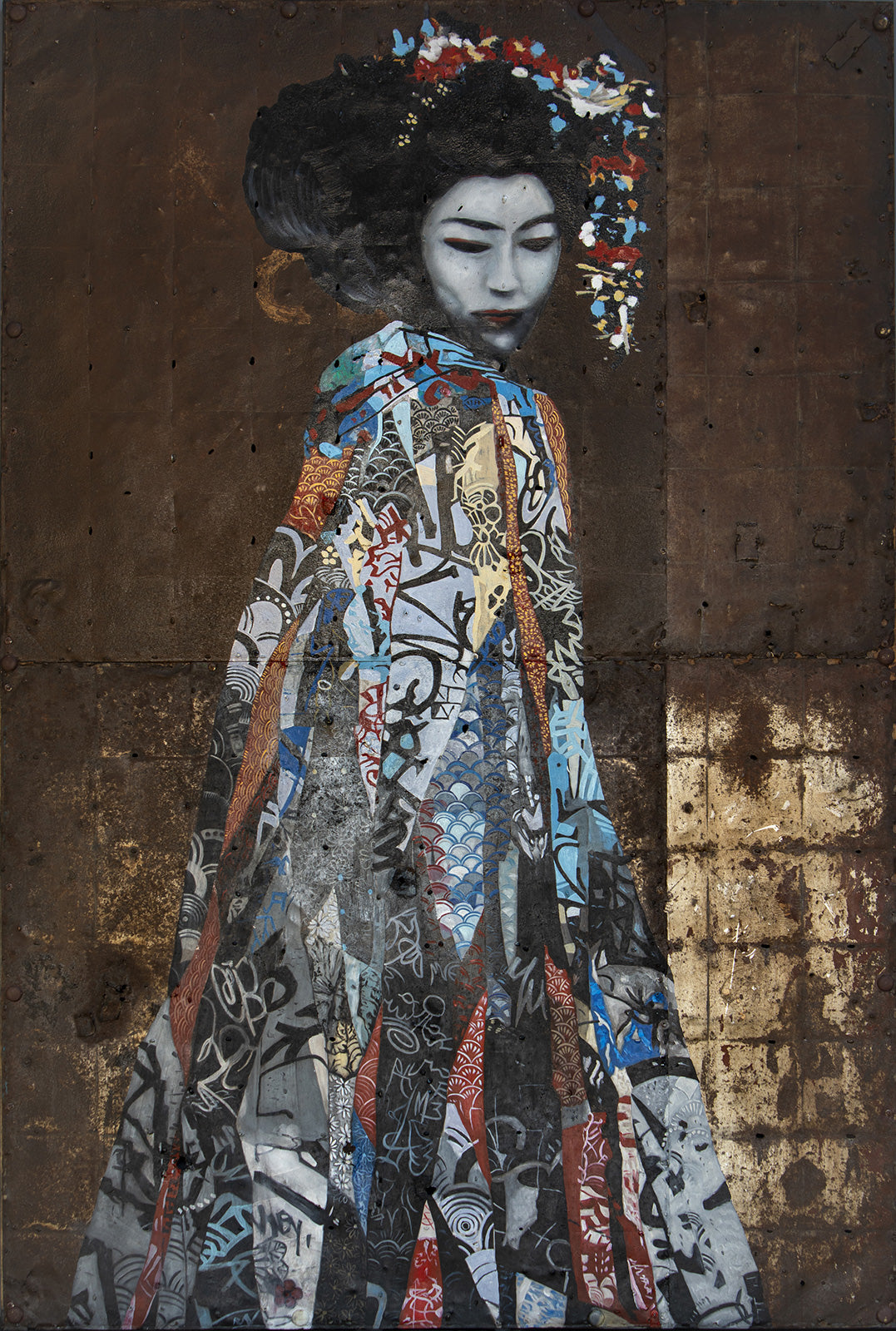 Geisha - peinture à l’huile sur métal rouillé