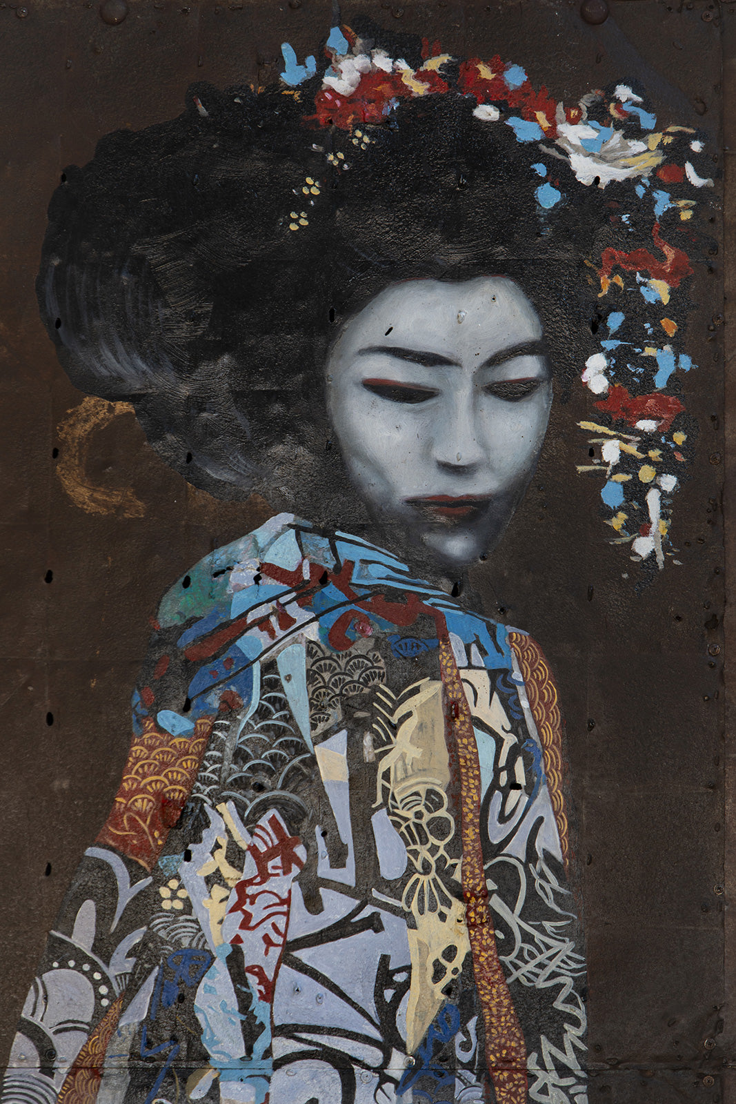 Geisha - peinture à l’huile sur métal rouillé