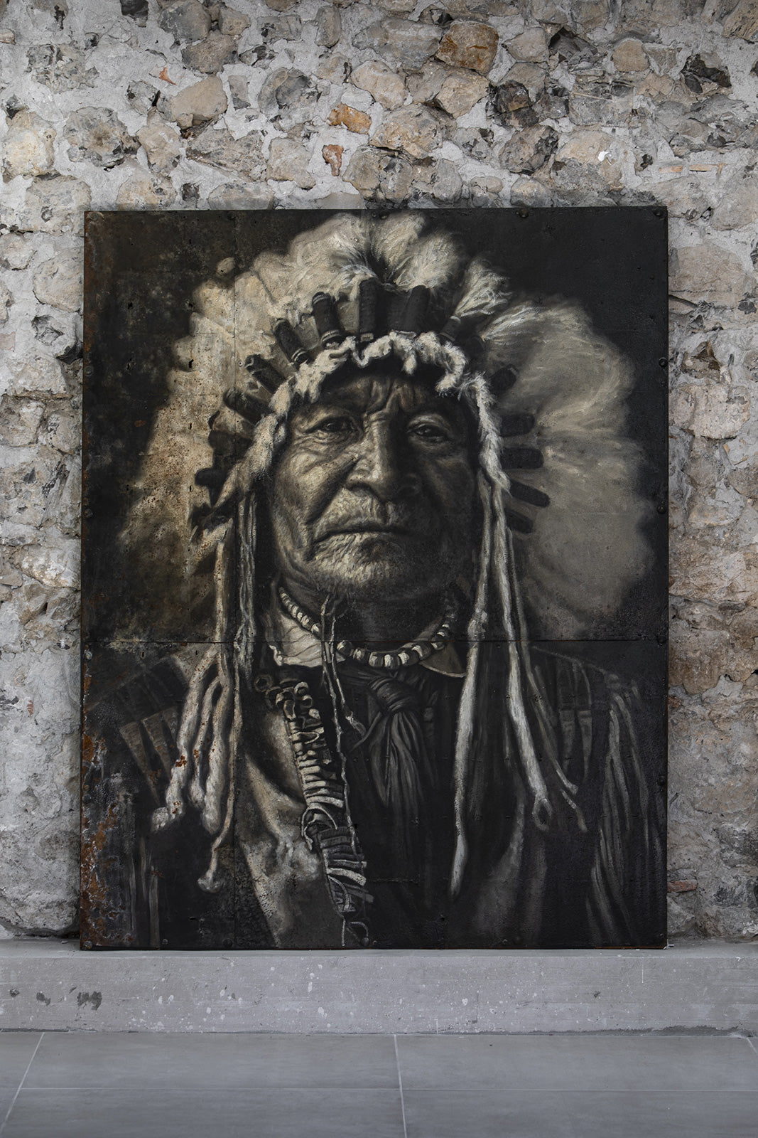 Geronimo - portrait de chef indien, peinture à l’huile sur métal rouillé