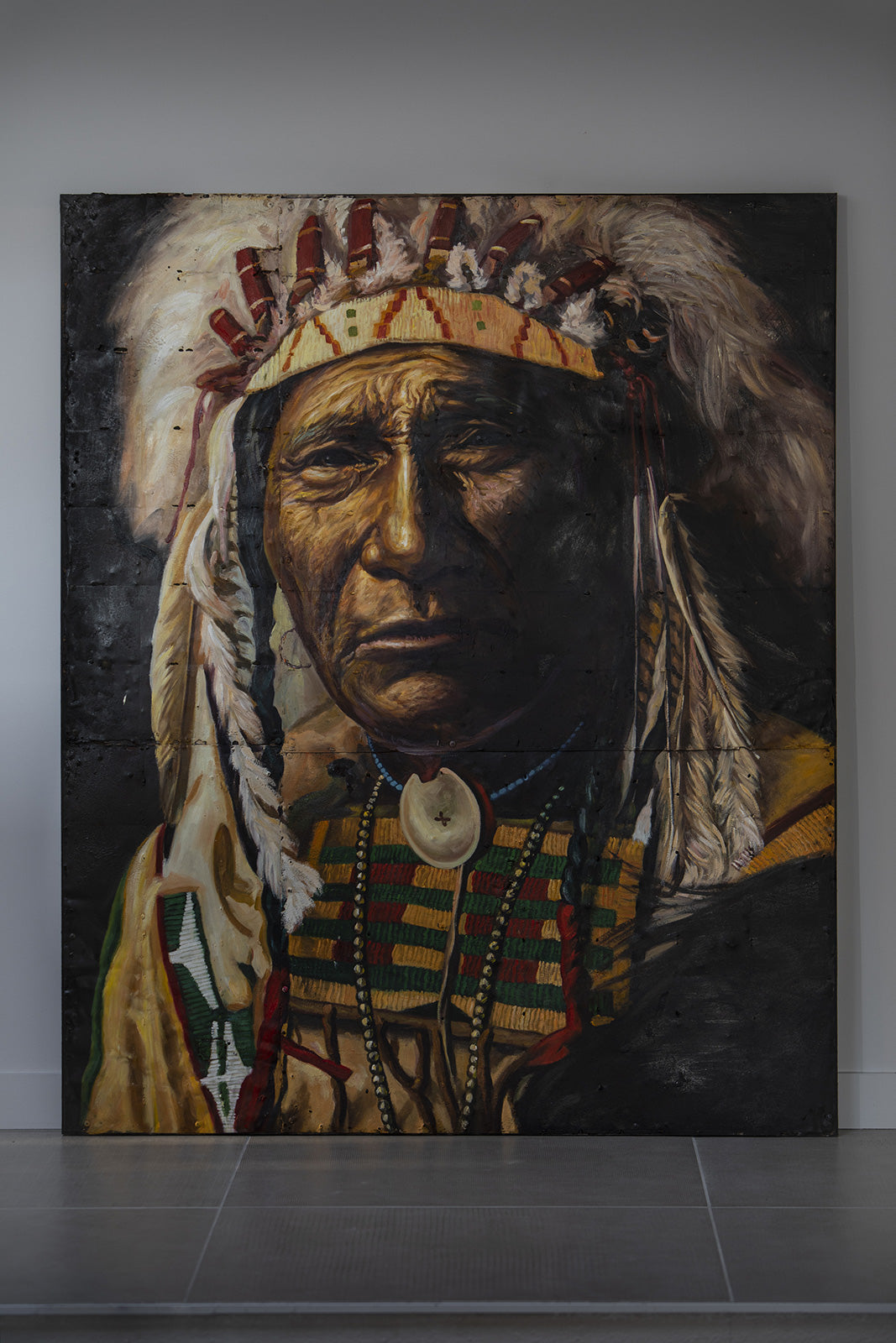 Sitting Bull - portrait sur métal, peinture à l'huile sur métal rouillé couleur