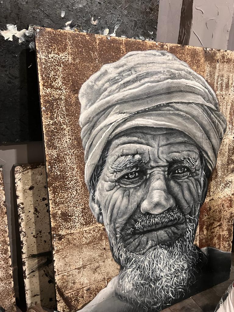 Ancien berbère - portrait sur métal, peinture à l'huile sur métal rouillé couleur