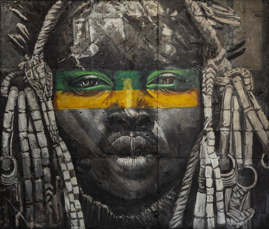 African Rasta - portrait visage africain traditionnel, peinture à l'huile sur métal rouillé