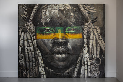 African Rasta - portrait visage africain traditionnel, peinture à l'huile sur métal rouillé