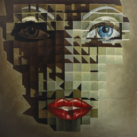 Blue Eyes - portrait abstrait en 3 dimensions, peinture à l'huile sur métal rouillé