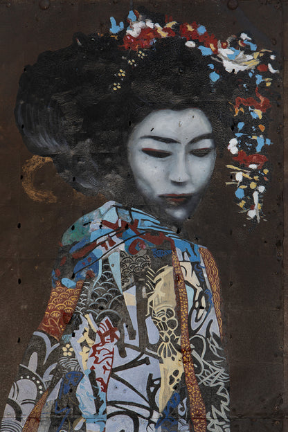 Geisha - peinture à l’huile sur métal rouillé
