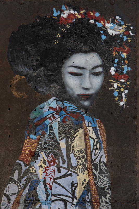 Geisha - peinture à l’huile sur métal rouillé