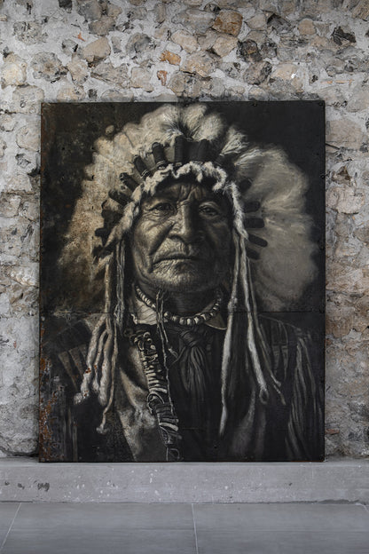 Geronimo - portrait de chef indien, peinture à l’huile sur métal rouillé
