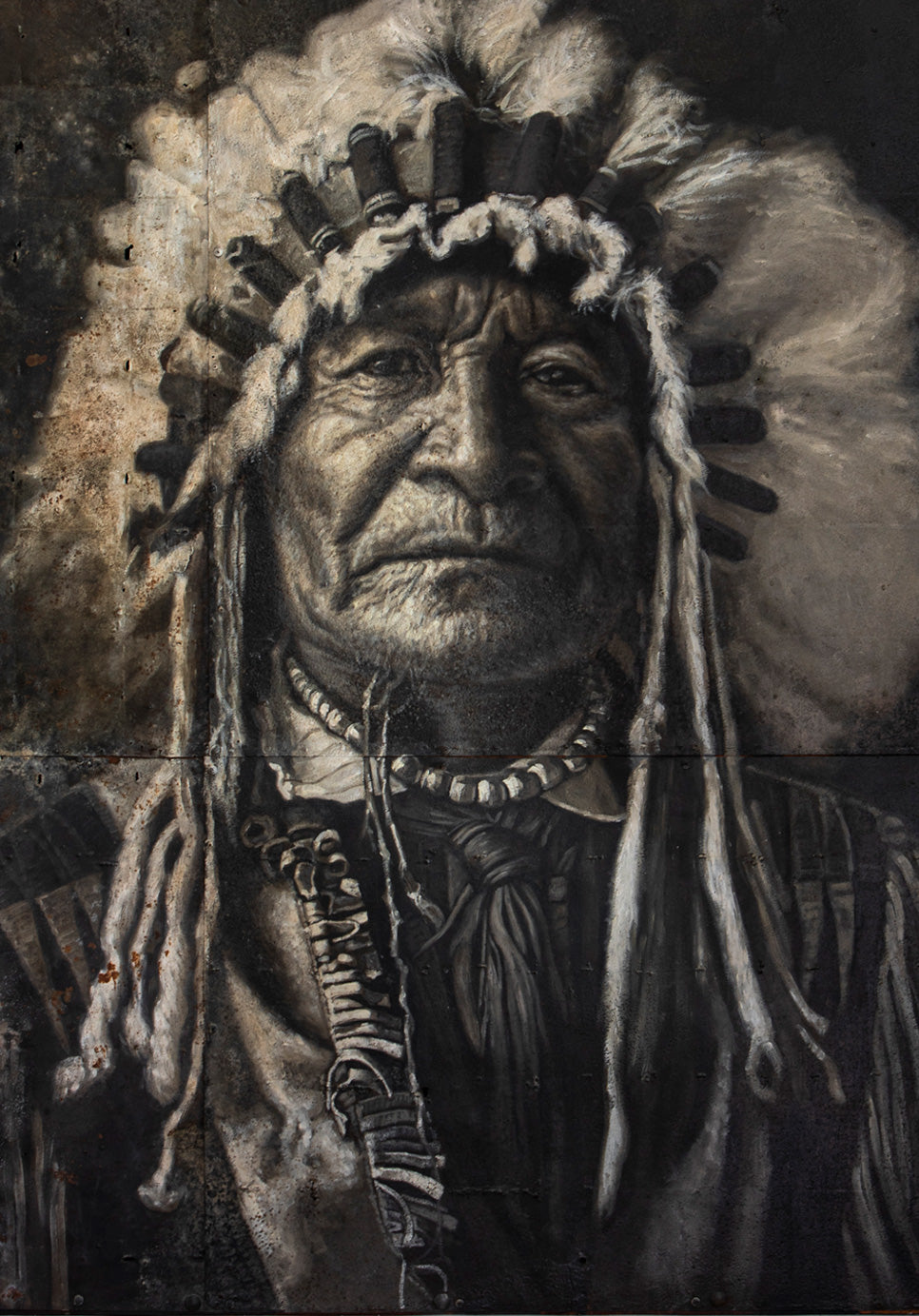 Geronimo - portrait de chef indien, peinture à l’huile sur métal rouillé