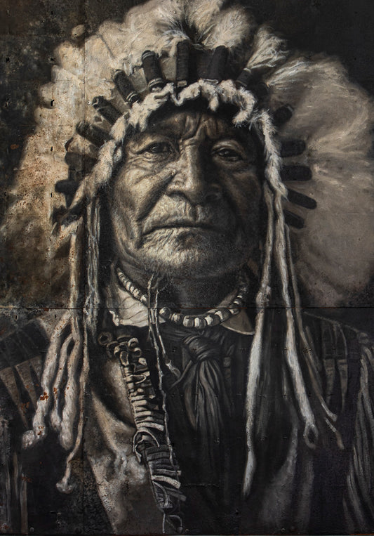 Geronimo - portrait de chef indien, peinture à l’huile sur métal rouillé