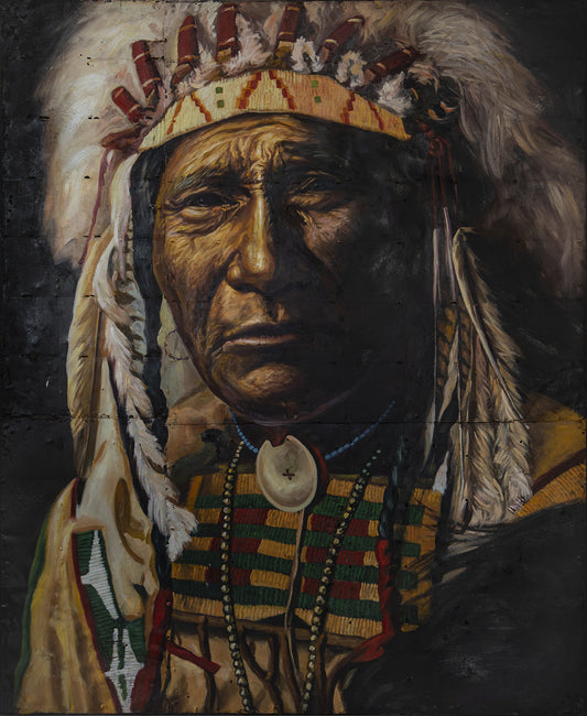 Sitting Bull - portrait sur métal, peinture à l'huile sur métal rouillé couleur