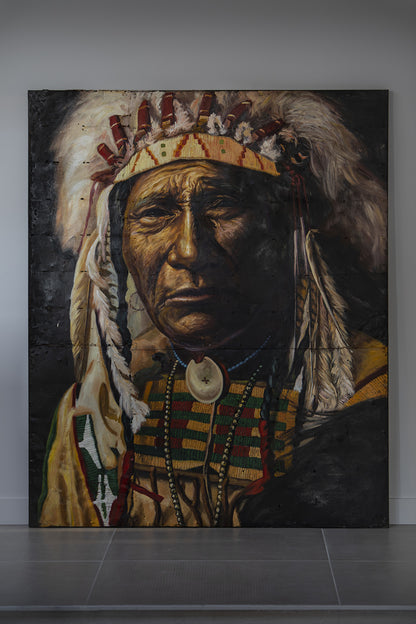 Sitting Bull - portrait sur métal, peinture à l'huile sur métal rouillé couleur