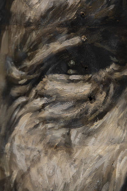 Sitting Bull - portrait sur métal, peinture à l'huile sur métal rouillé n&b