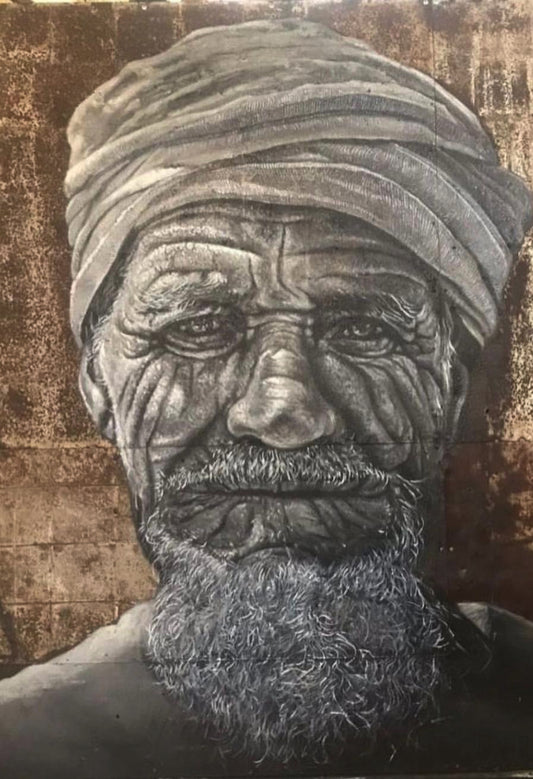 Ancien berbère - portrait sur métal, peinture à l'huile sur métal rouillé couleur